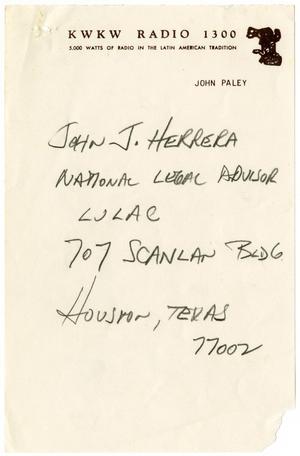 Primary view of object titled '[Handwritten note, John J. Herrera's address]'.