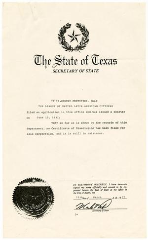 Primary view of object titled '[Certification of LULAC Charter, March 11, 1977]'.