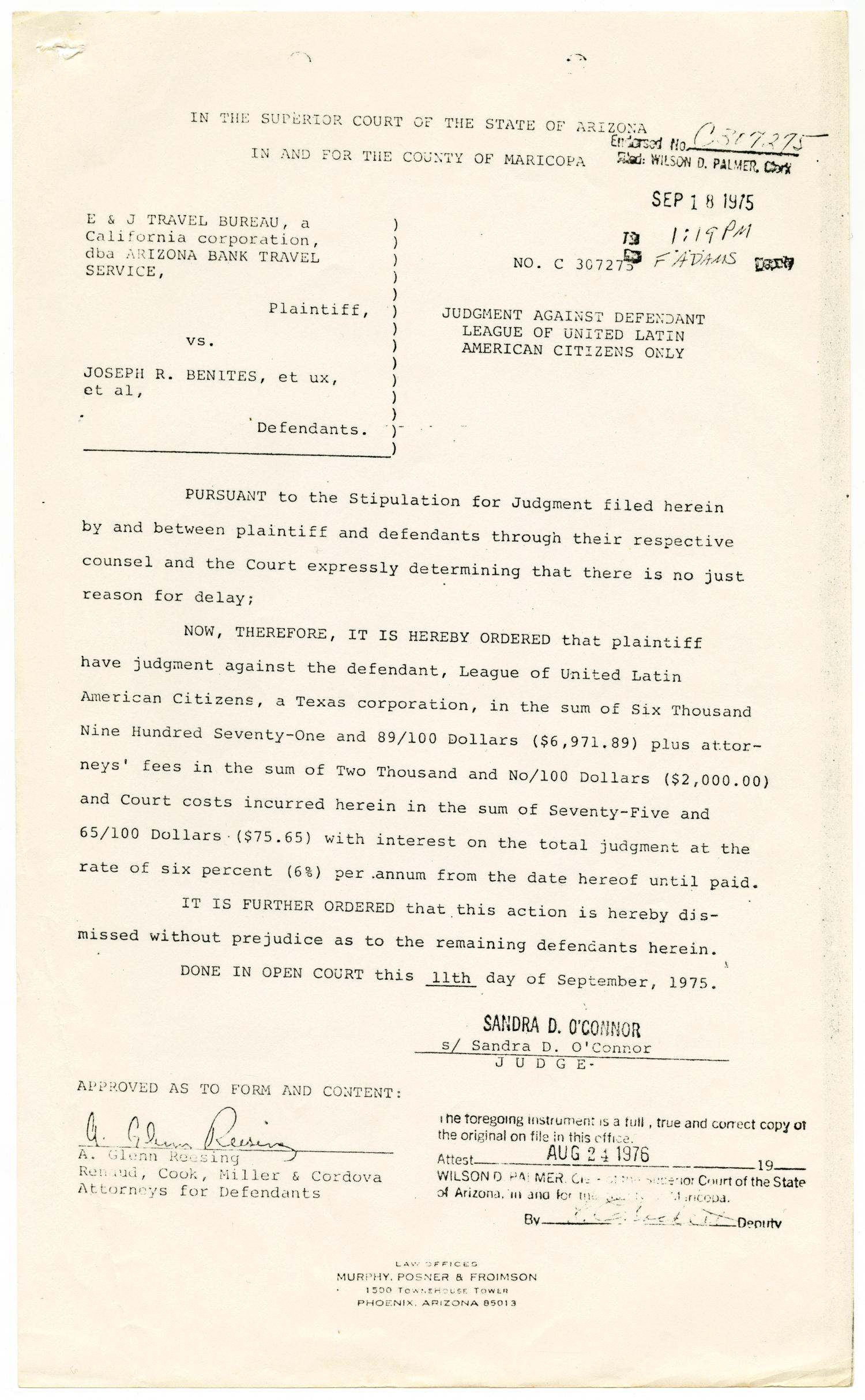 [Judgement Against Defendant, E & J Travel Bureau dba Arizona Bank Travel Service vs. LULAC, 1975-09-18]
                                                
                                                    [Sequence #]: 1 of 2
                                                