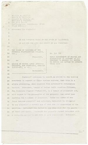 Primary view of object titled '[Reply to Memorandum of Points and Authorities, Cogswell Polytechnical College vs. LULAC - 1976-04-26]'.
