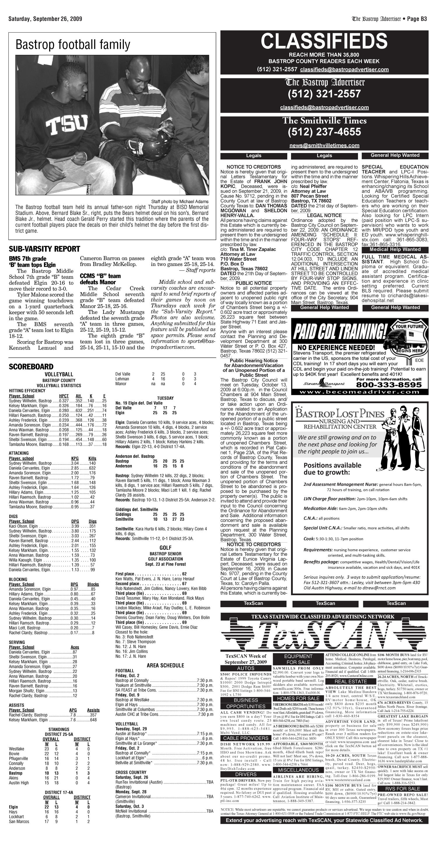 The Bastrop Advertiser (Bastrop, Tex.), Vol. 156, No. 60, Ed. 1 Saturday, September 26, 2009
                                                
                                                    [Sequence #]: 9 of 10
                                                