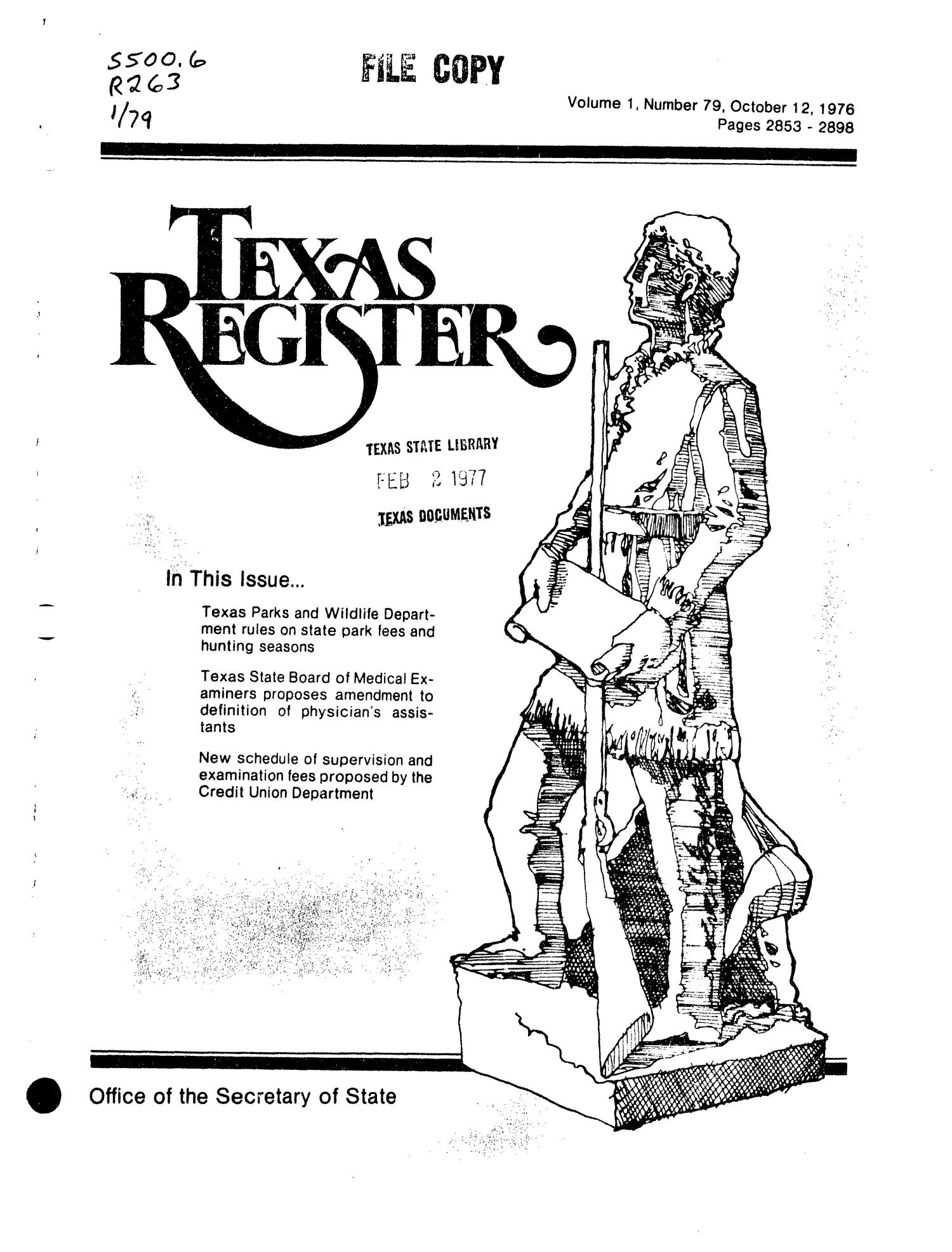 Texas Register, Volume 1, Number 79, Pages 2853-2898, October 12, 1976
                                                
                                                    Title Page
                                                