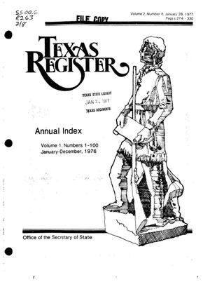 Primary view of object titled 'Texas Register, Volume 2, Number 8, [1976 Annual Index], Pages 274-330, January 28, 1977'.