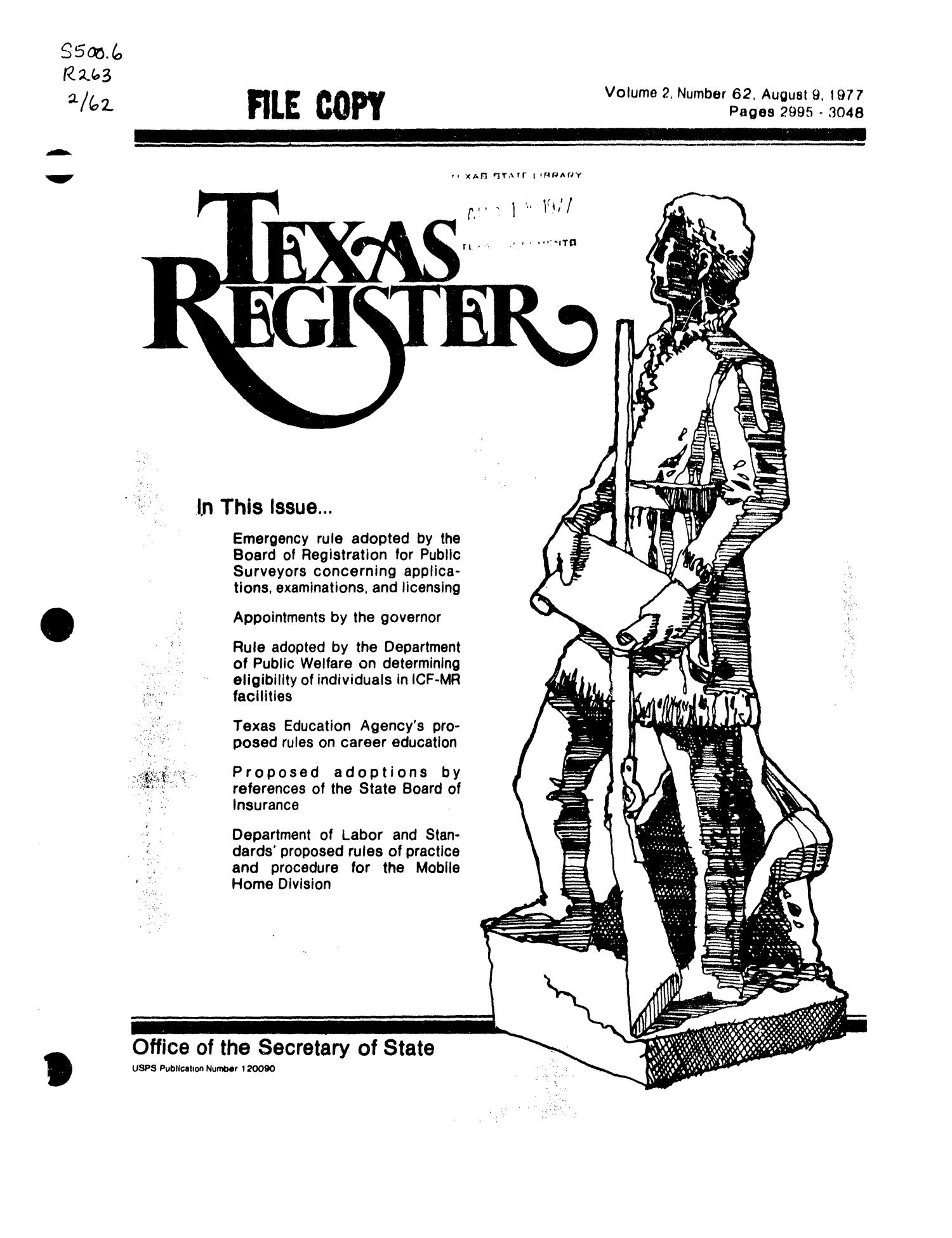 Texas Register, Volume 2, Number 62, Pages 2995-3048, August 9, 1977
                                                
                                                    Title Page
                                                