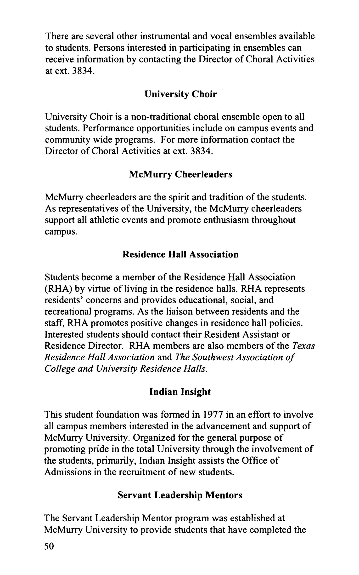 Council Fire, Handbook of McMurry University, 2003-2004
                                                
                                                    50
                                                