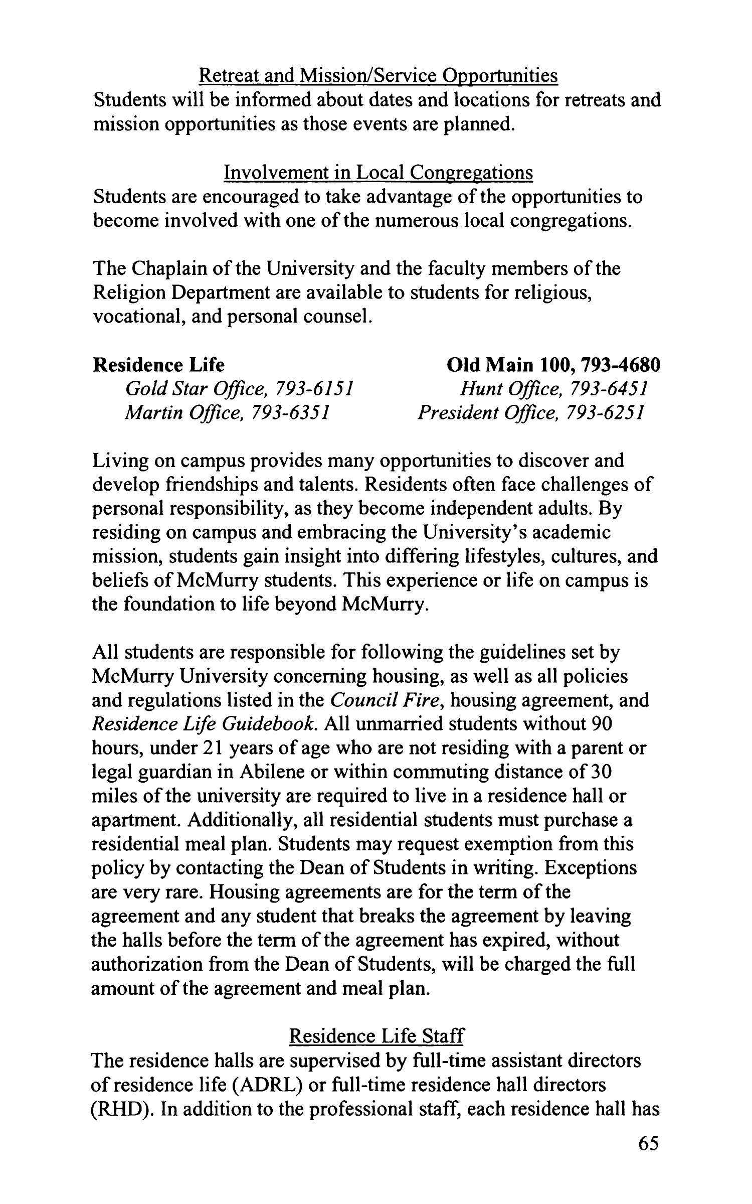 Council Fire, Handbook of McMurry University, 2003-2004
                                                
                                                    65
                                                