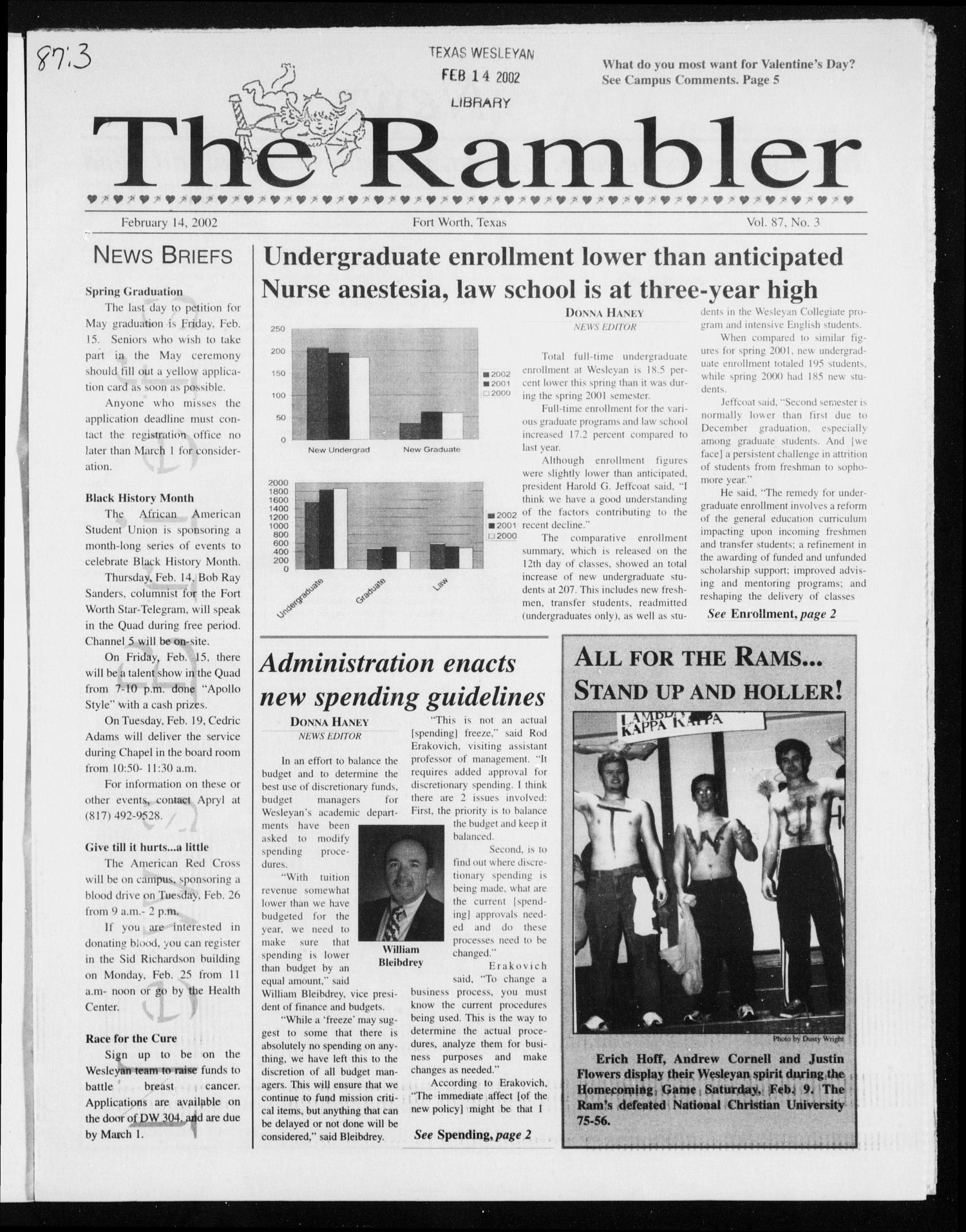 The Rambler (Fort Worth, Tex.), Vol. 87, No. 3, Ed. 1 Thursday, February 14, 2002
                                                
                                                    [Sequence #]: 1 of 8
                                                