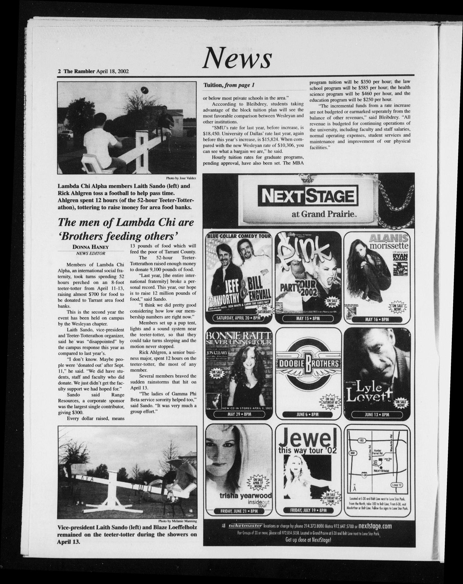 The Rambler (Fort Worth, Tex.), Vol. 87, No. 11, Ed. 1 Thursday, April 18, 2002
                                                
                                                    [Sequence #]: 2 of 8
                                                