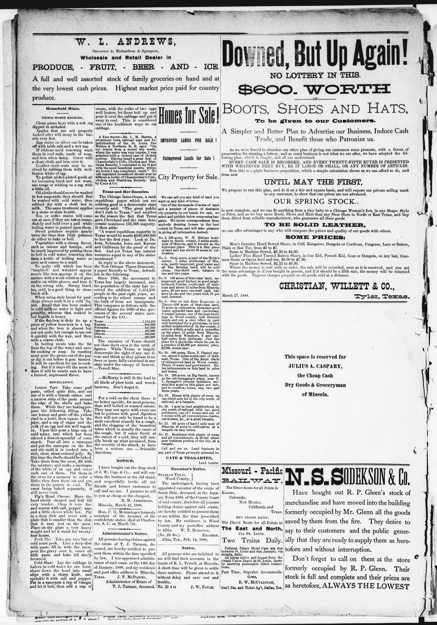 The Mineola Monitor (Mineola, Tex.), Vol. 11, No. 27, Ed. 1 Saturday, March 31, 1888
                                                
                                                    [Sequence #]: 8 of 8
                                                