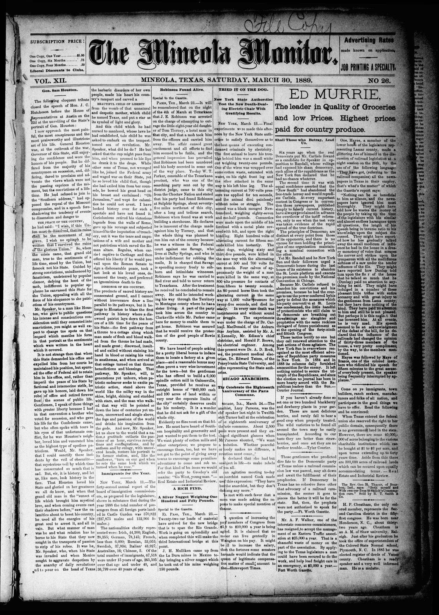 The Mineola Monitor (Mineola, Tex.), Vol. 12, No. 26, Ed. 1 Saturday, March 30, 1889
                                                
                                                    [Sequence #]: 1 of 8
                                                