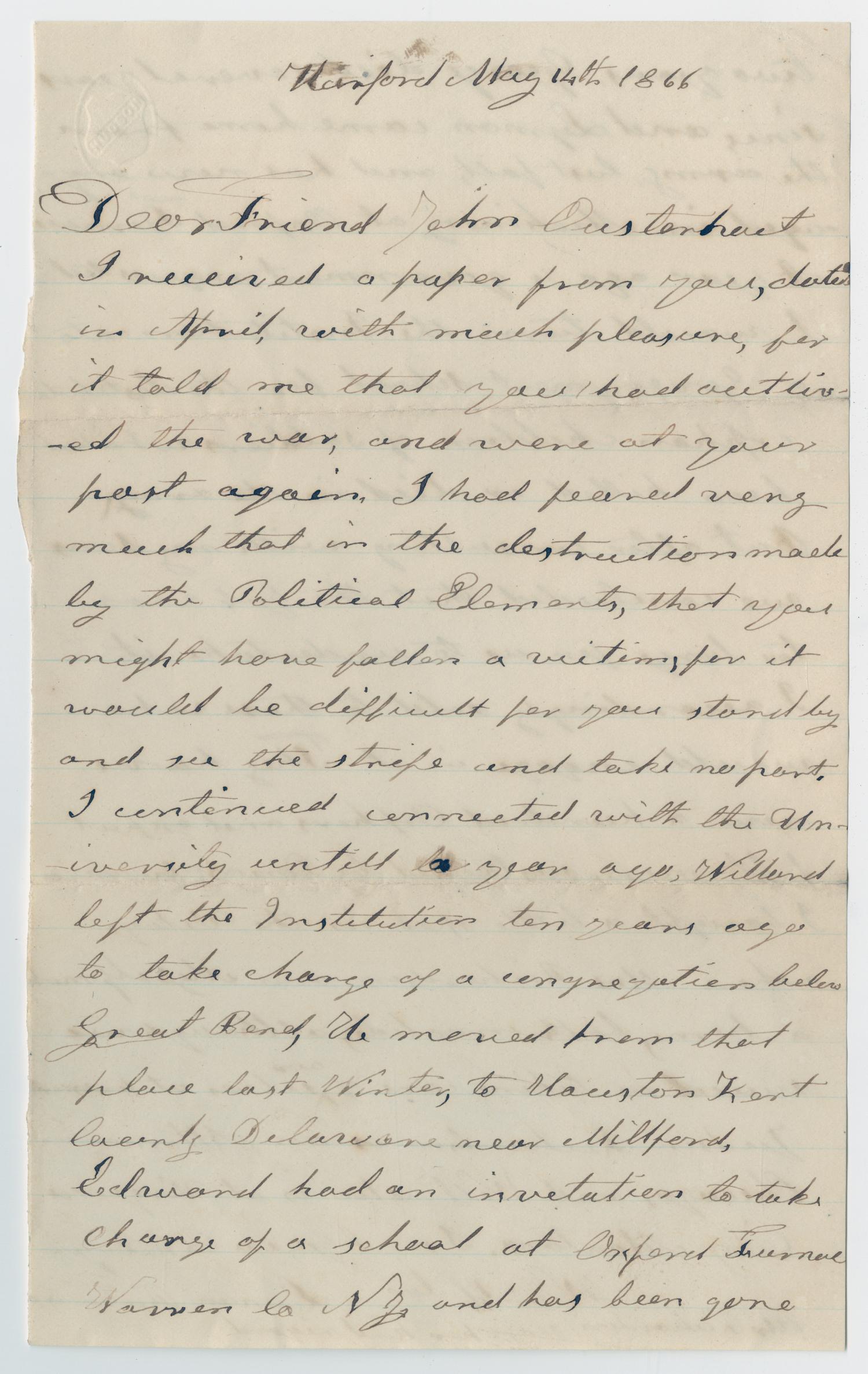 [Letter from Leyman Richardson to John Patterson Osterhout, May 14, 1866]
                                                
                                                    [Sequence #]: 1 of 4
                                                