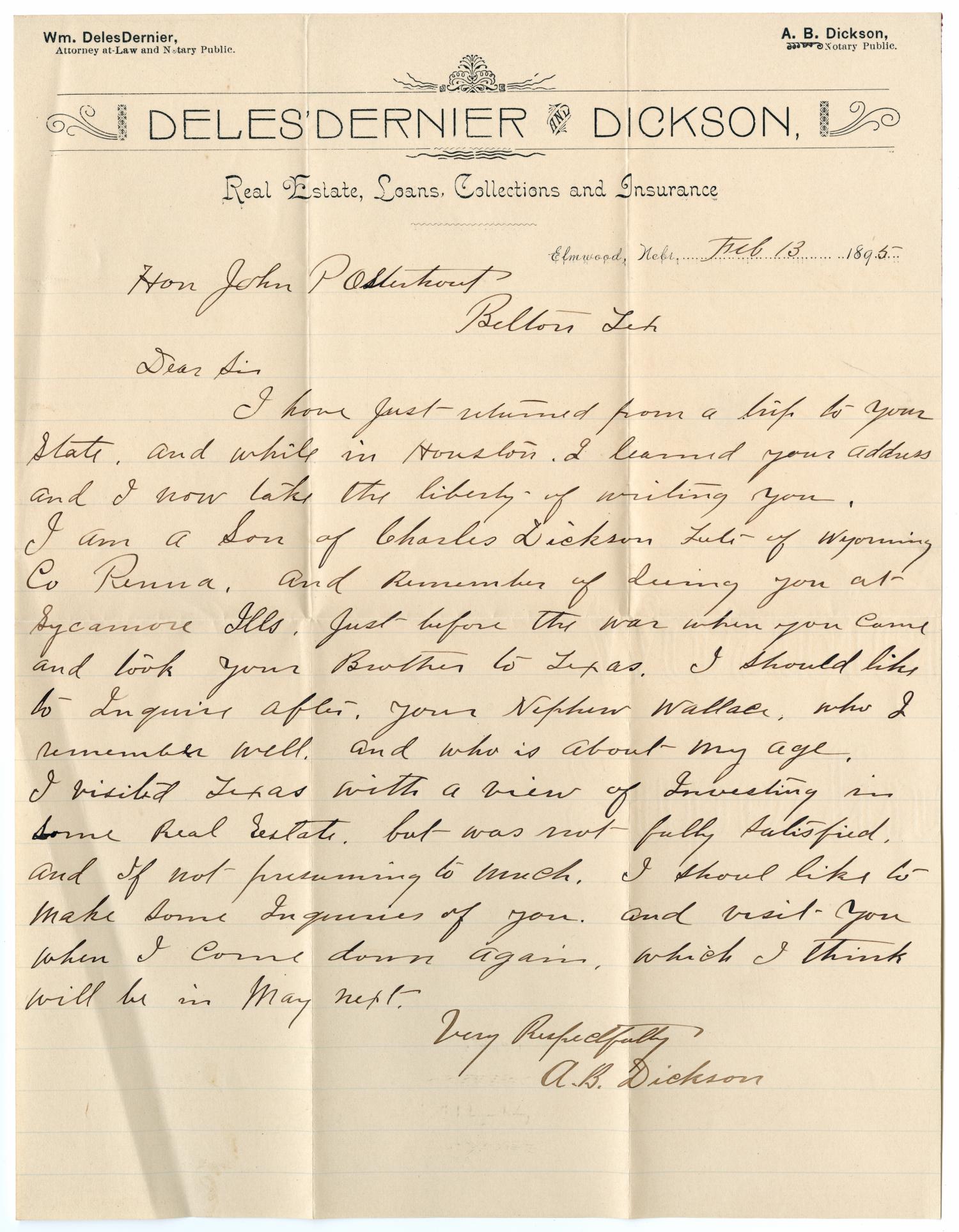 [Letter from A. B. Dickson to John Patterson Osterhout, February 13, 1895]
                                                
                                                    [Sequence #]: 1 of 4
                                                