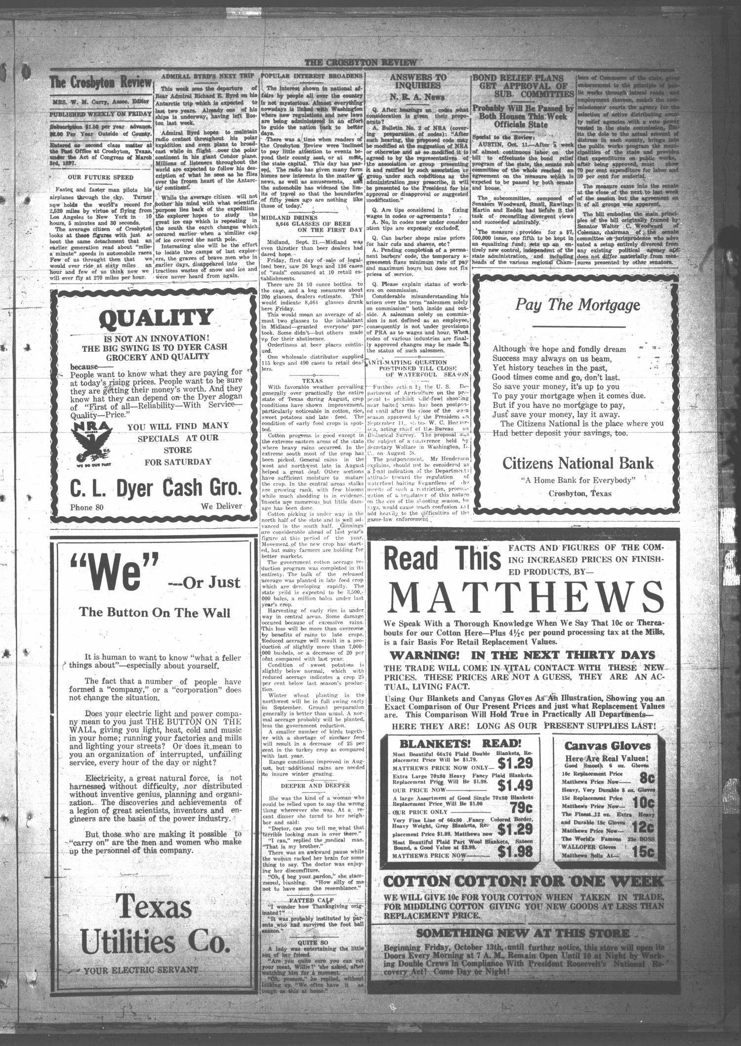 The Crosbyton Review. (Crosbyton, Tex.), Vol. 25, No. 42, Ed. 1 Friday, October 13, 1933
                                                
                                                    [Sequence #]: 3 of 6
                                                