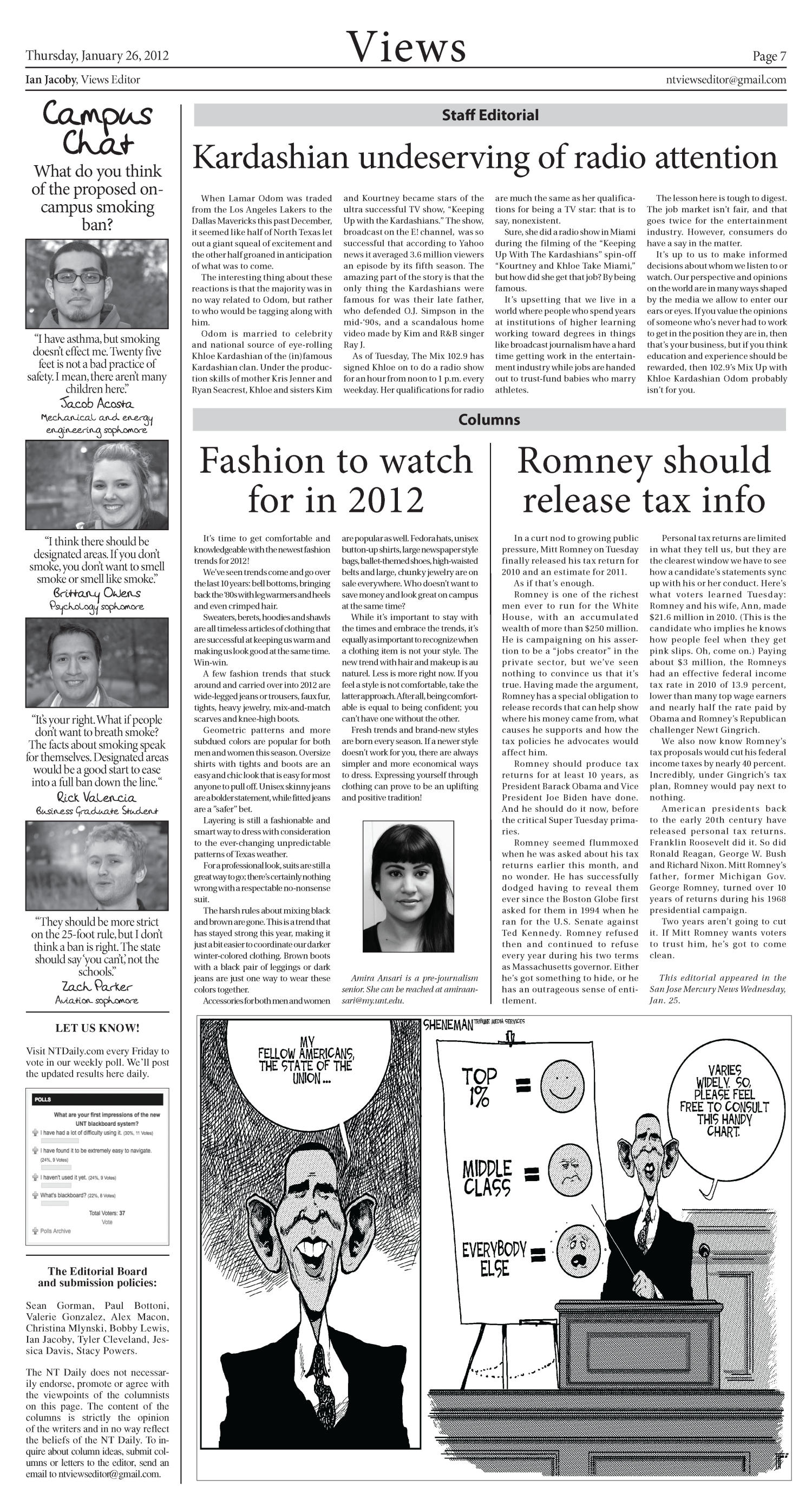 North Texas Daily (Denton, Tex.), Vol. 99, No. 7, Ed. 1 Thursday, January 26, 2012
                                                
                                                    [Sequence #]: 7 of 8
                                                