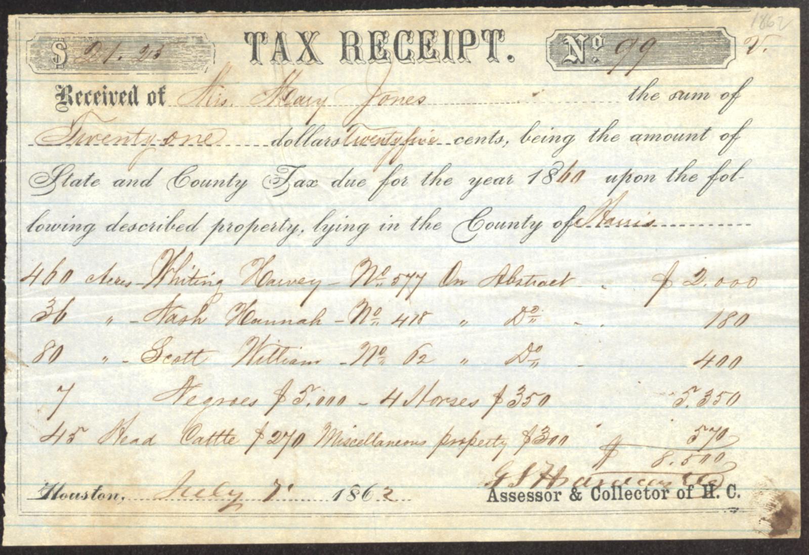 Tax receipt for Mary Jones, signed in 1862
                                                
                                                    [Sequence #]: 1 of 5
                                                