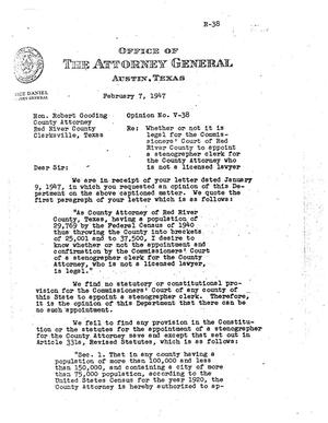 Primary view of object titled 'Texas Attorney General Opinion: V-38'.