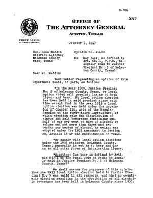 Primary view of object titled 'Texas Attorney General Opinion: V-400'.