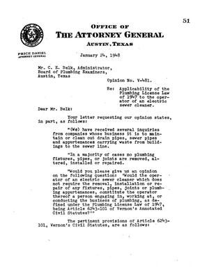 Primary view of object titled 'Texas Attorney General Opinion: V-481'.