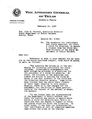 Primary view of object titled 'Texas Attorney General Opinion: V-497'.