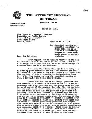 Primary view of object titled 'Texas Attorney General Opinion: V-1163'.