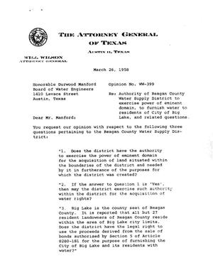 Primary view of object titled 'Texas Attorney General Opinion: WW-399'.