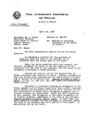 Primary view of object titled 'Texas Attorney General Opinion: WW-424'.
