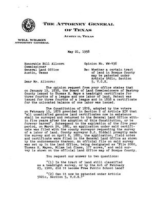 Primary view of object titled 'Texas Attorney General Opinion: WW-436'.