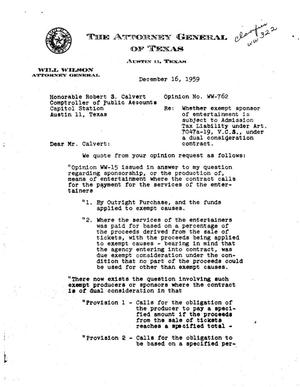 Primary view of object titled 'Texas Attorney General Opinion: WW-762'.