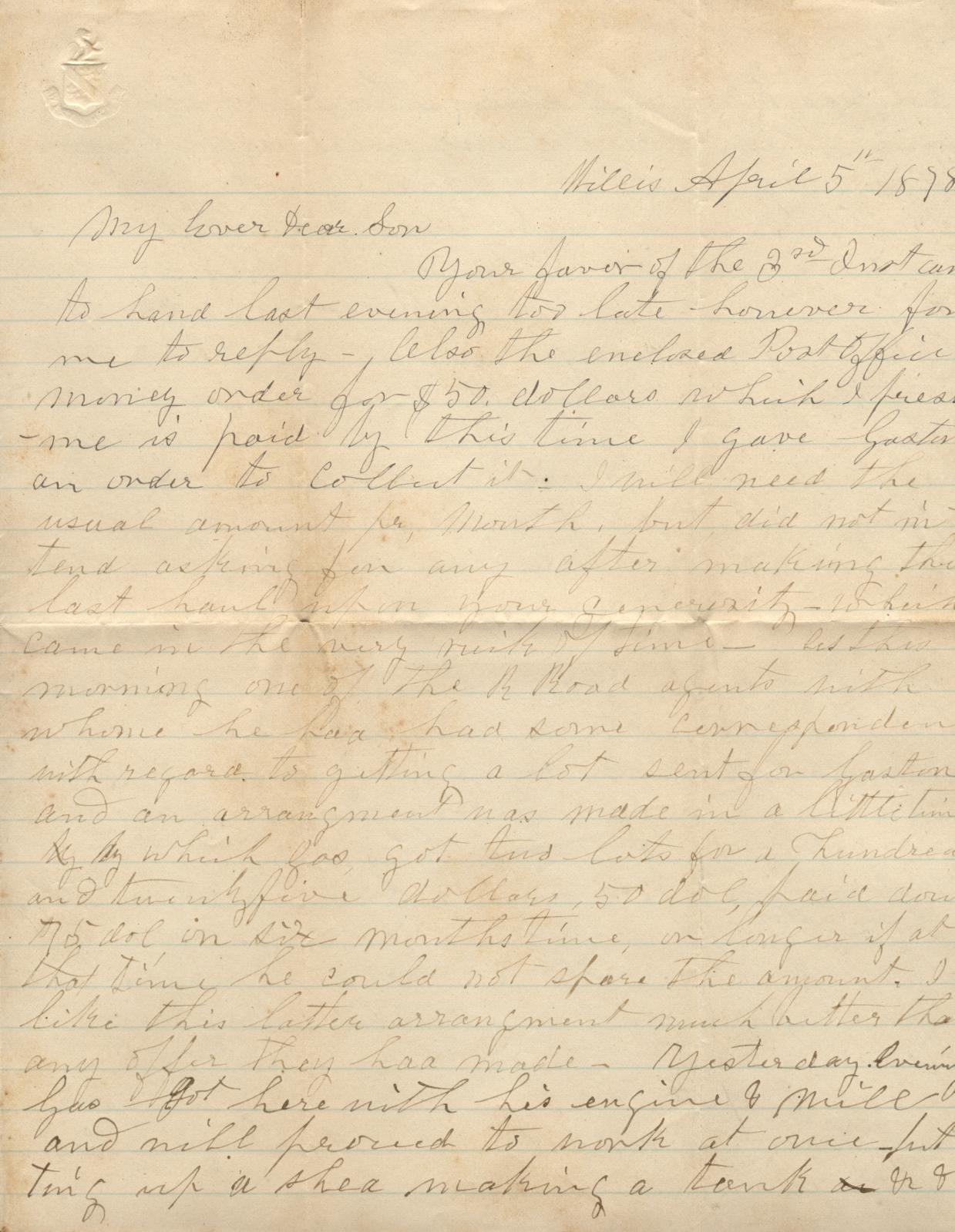 Letter to Cromwell Anson Jones, 5 April 1878
                                                
                                                    [Sequence #]: 1 of 4
                                                