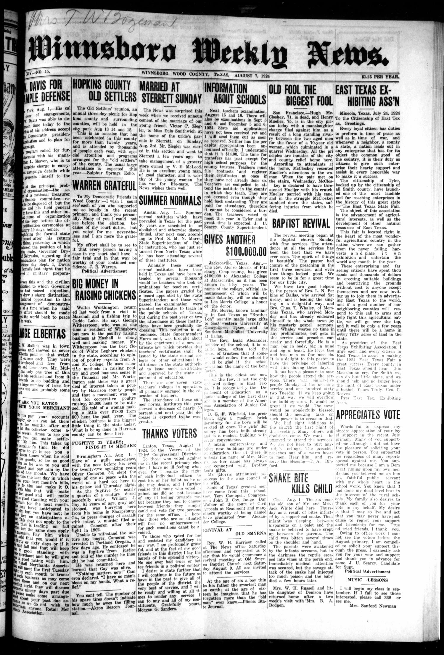 Winnsboro Weekly News (Winnsboro, Tex.), Vol. 14, No. 45, Ed. 1 Thursday, August 7, 1924
                                                
                                                    [Sequence #]: 1 of 8
                                                