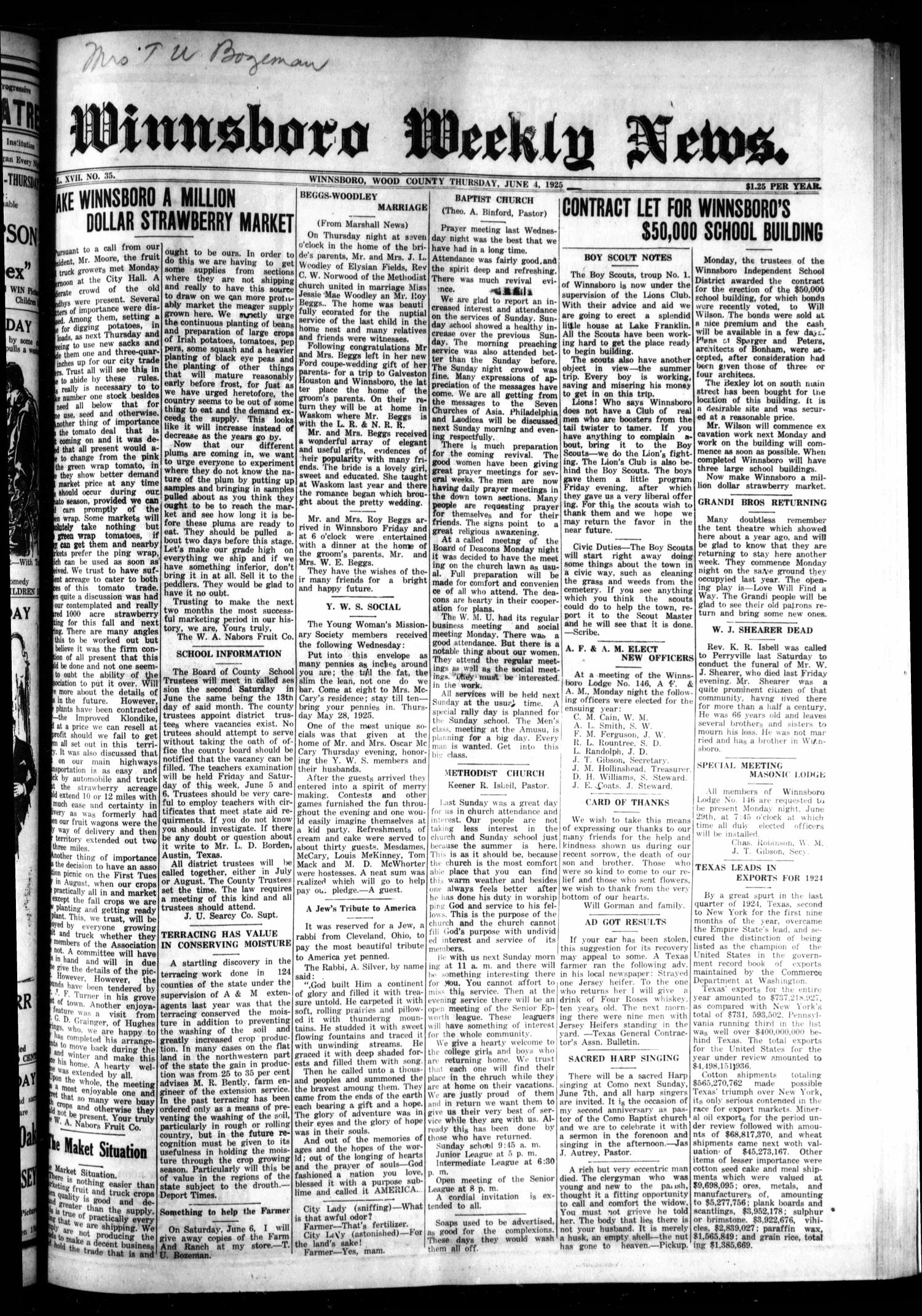 Winnsboro Weekly News (Winnsboro, Tex.), Vol. 17, No. 35, Ed. 1 Thursday, June 4, 1925
                                                
                                                    [Sequence #]: 1 of 8
                                                