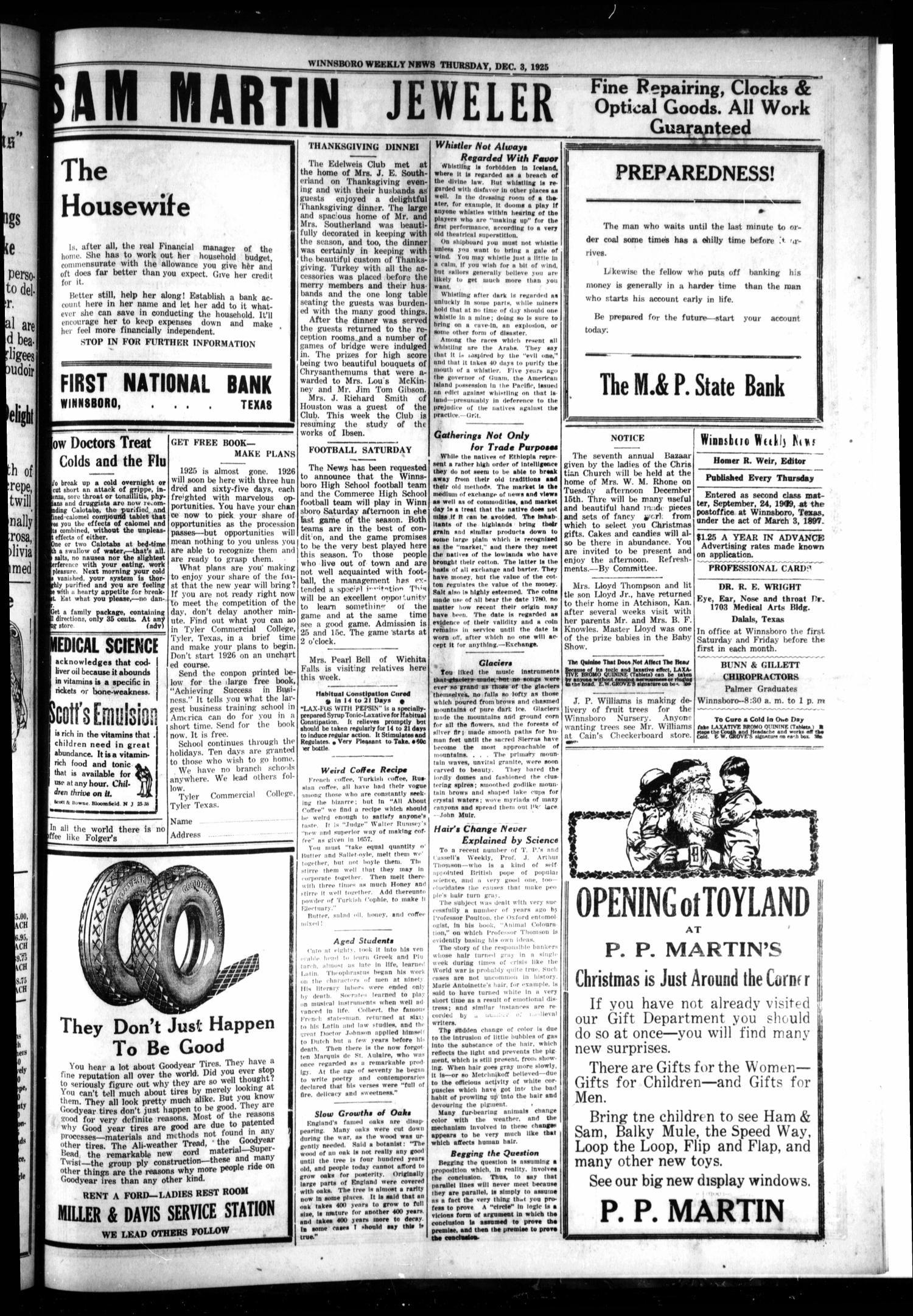Winnsboro Weekly News (Winnsboro, Tex.), Vol. 18, No. 9, Ed. 1 Thursday, December 3, 1925
                                                
                                                    [Sequence #]: 3 of 8
                                                