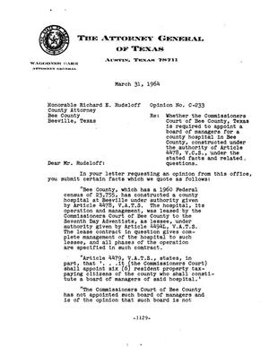 Primary view of object titled 'Texas Attorney General Opinion: C-233'.