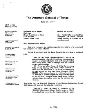 Primary view of object titled 'Texas Attorney General Opinion: H-1187'.