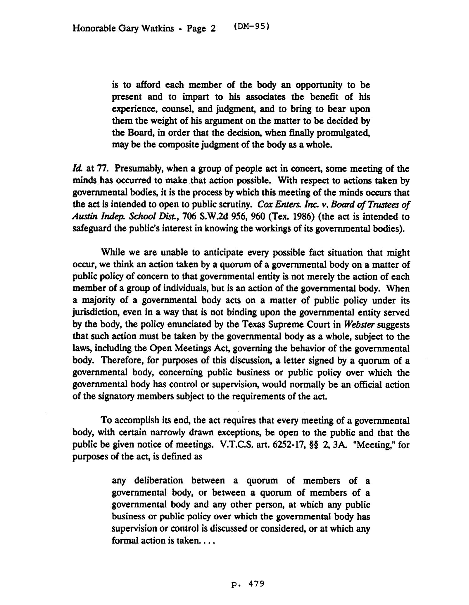 Texas Attorney General Opinion: DM-95
                                                
                                                    [Sequence #]: 2 of 6
                                                