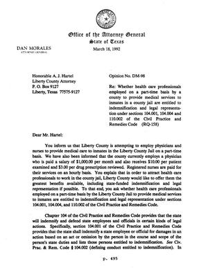 Primary view of object titled 'Texas Attorney General Opinion: DM-98'.