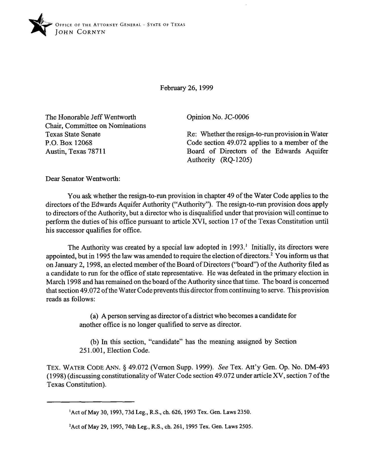 Texas Attorney General Opinion: JC-6
                                                
                                                    [Sequence #]: 1 of 3
                                                