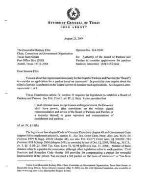 Primary view of object titled 'Texas Attorney General Opinion: GA-0240'.