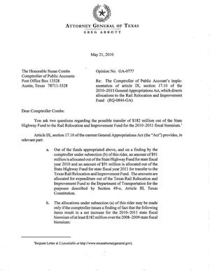 Primary view of object titled 'Texas Attorney General Opinion: GA-0777'.