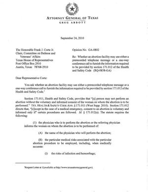 Primary view of object titled 'Texas Attorney General Opinion: GA-0802'.