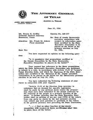 Primary view of object titled 'Texas Attorney General Opinion: MS-257'.