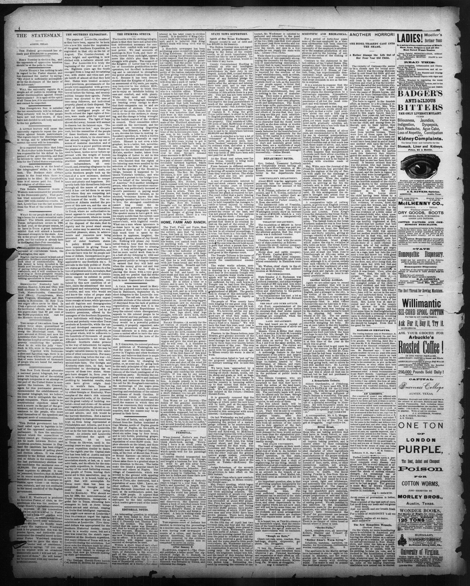 The Austin Weekly Statesman. (Austin, Tex.), Vol. 12, No. 48, Ed. 1 Thursday, August 9, 1883
                                                
                                                    [Sequence #]: 4 of 8
                                                