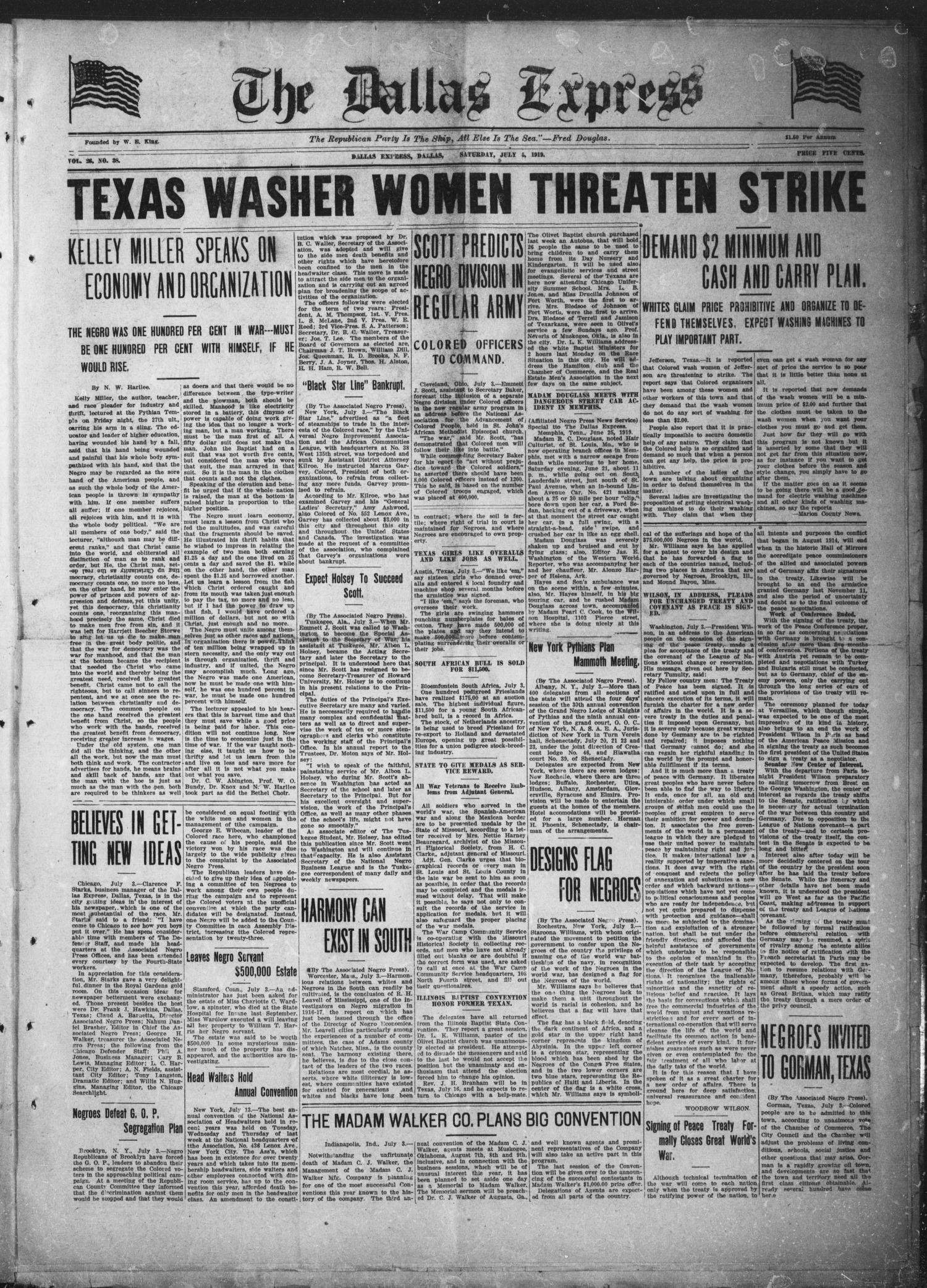 The Dallas Express (Dallas, Tex.), Vol. 26, No. 38, Ed. 1 Saturday, July 5, 1919
                                                
                                                    [Sequence #]: 1 of 12
                                                