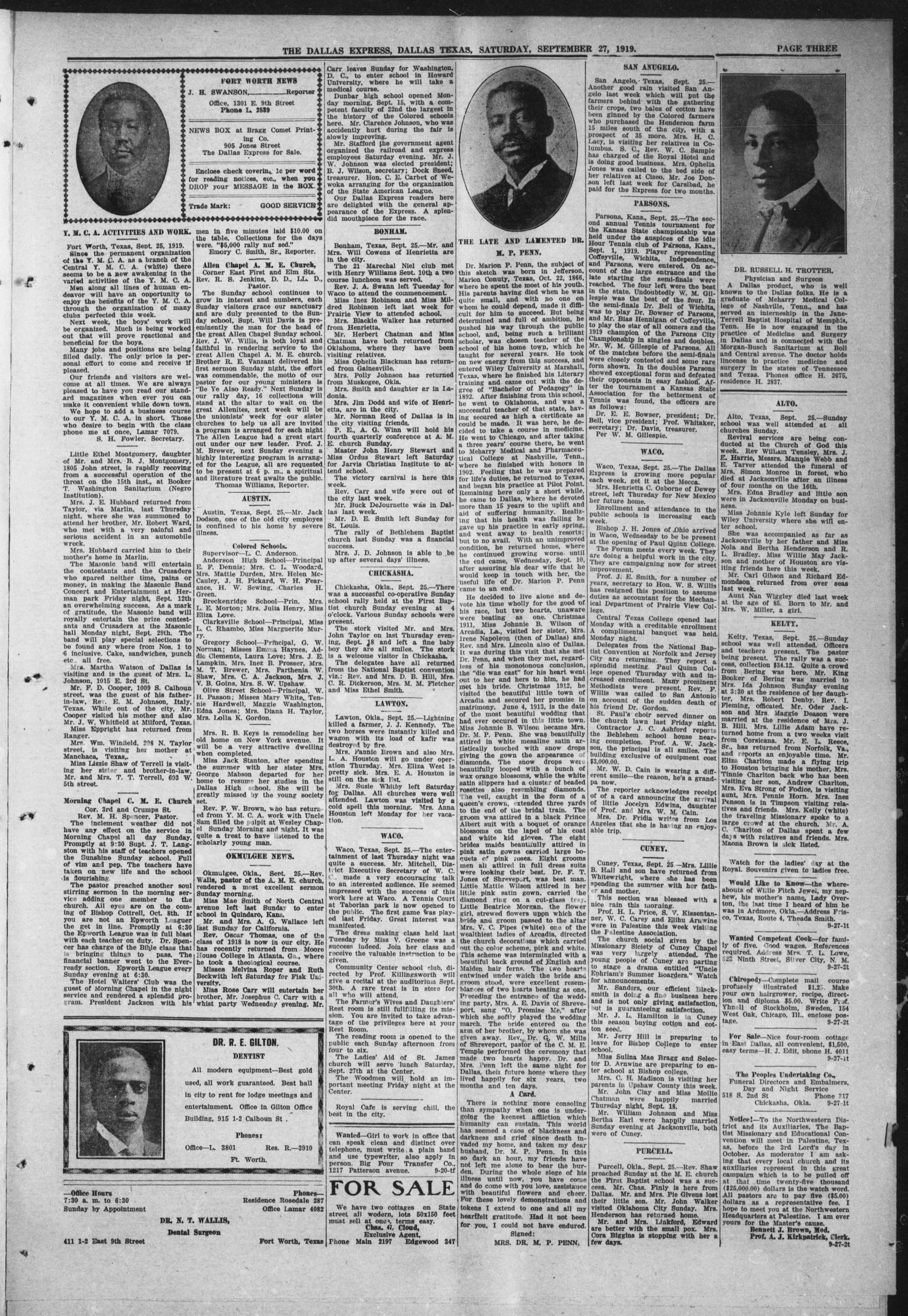 The Dallas Express (Dallas, Tex.), Vol. 26, No. 50, Ed. 1 Saturday, September 27, 1919
                                                
                                                    [Sequence #]: 3 of 12
                                                