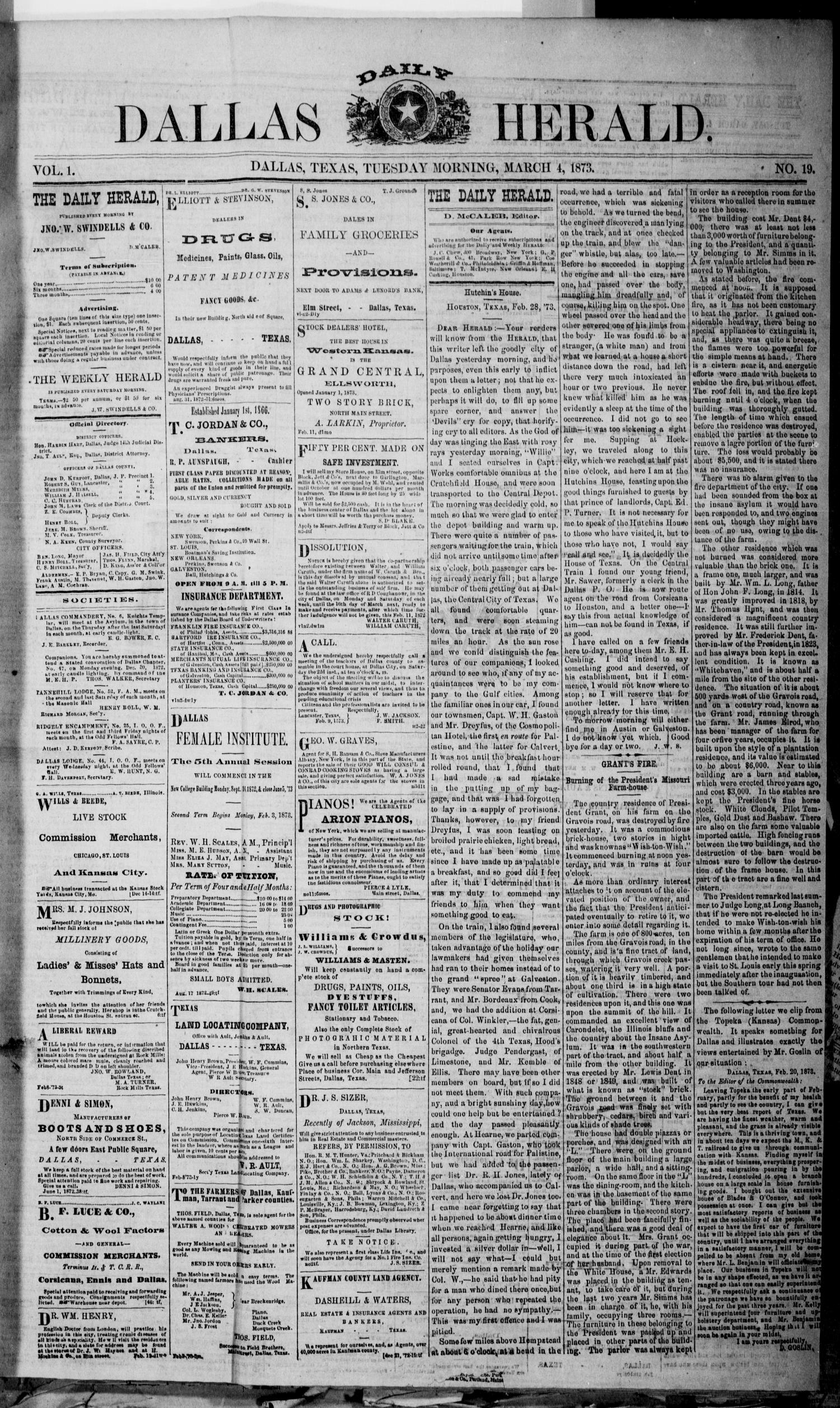 Dallas Daily Herald (Dallas, Tex.), Vol. 1, No. 19, Ed. 1 Tuesday, March 4, 1873
                                                
                                                    [Sequence #]: 1 of 4
                                                