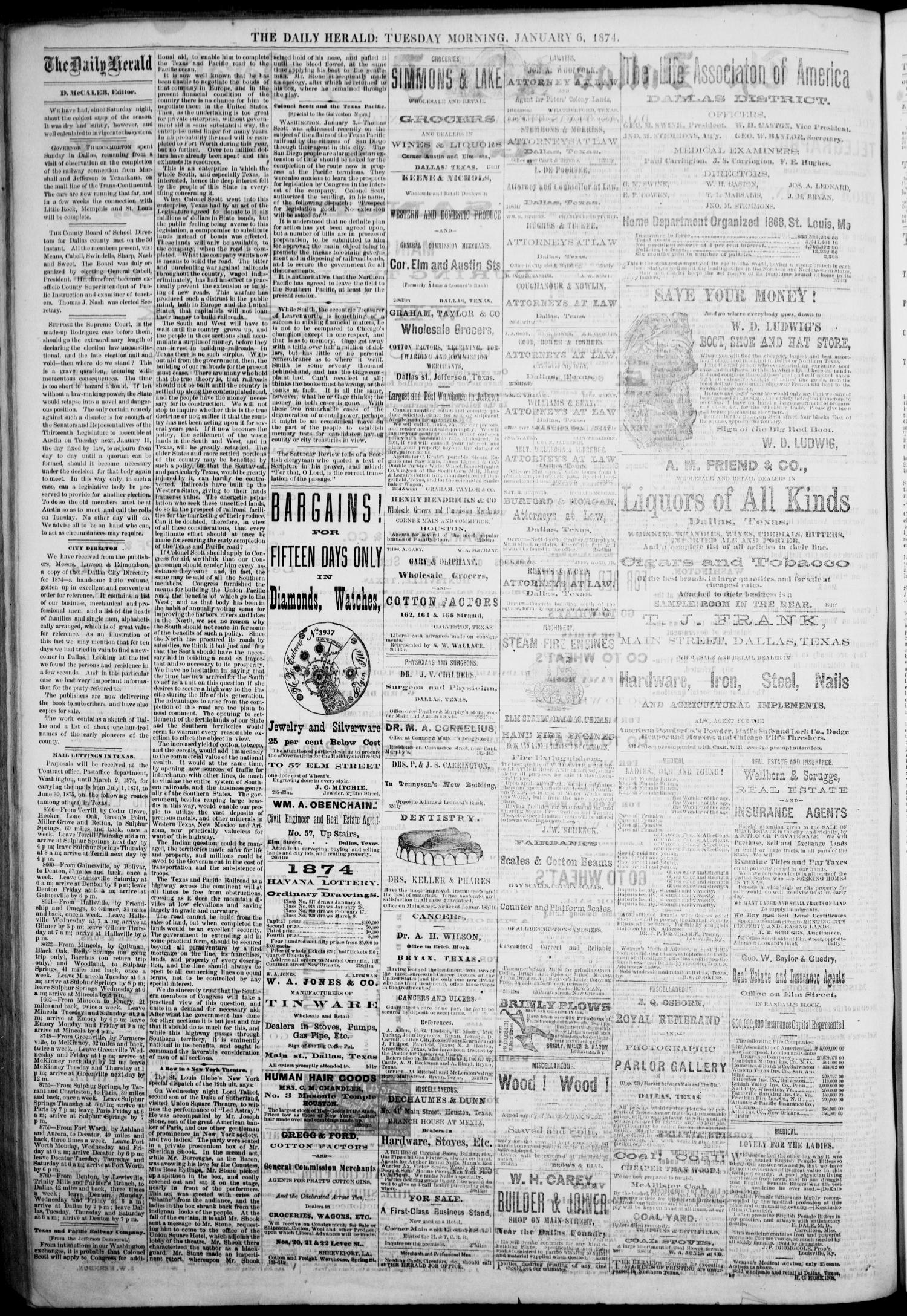 The Dallas Daily Herald. (Dallas, Tex.), Vol. 1, No. 281, Ed. 1 Tuesday, January 6, 1874
                                                
                                                    [Sequence #]: 1 of 3
                                                