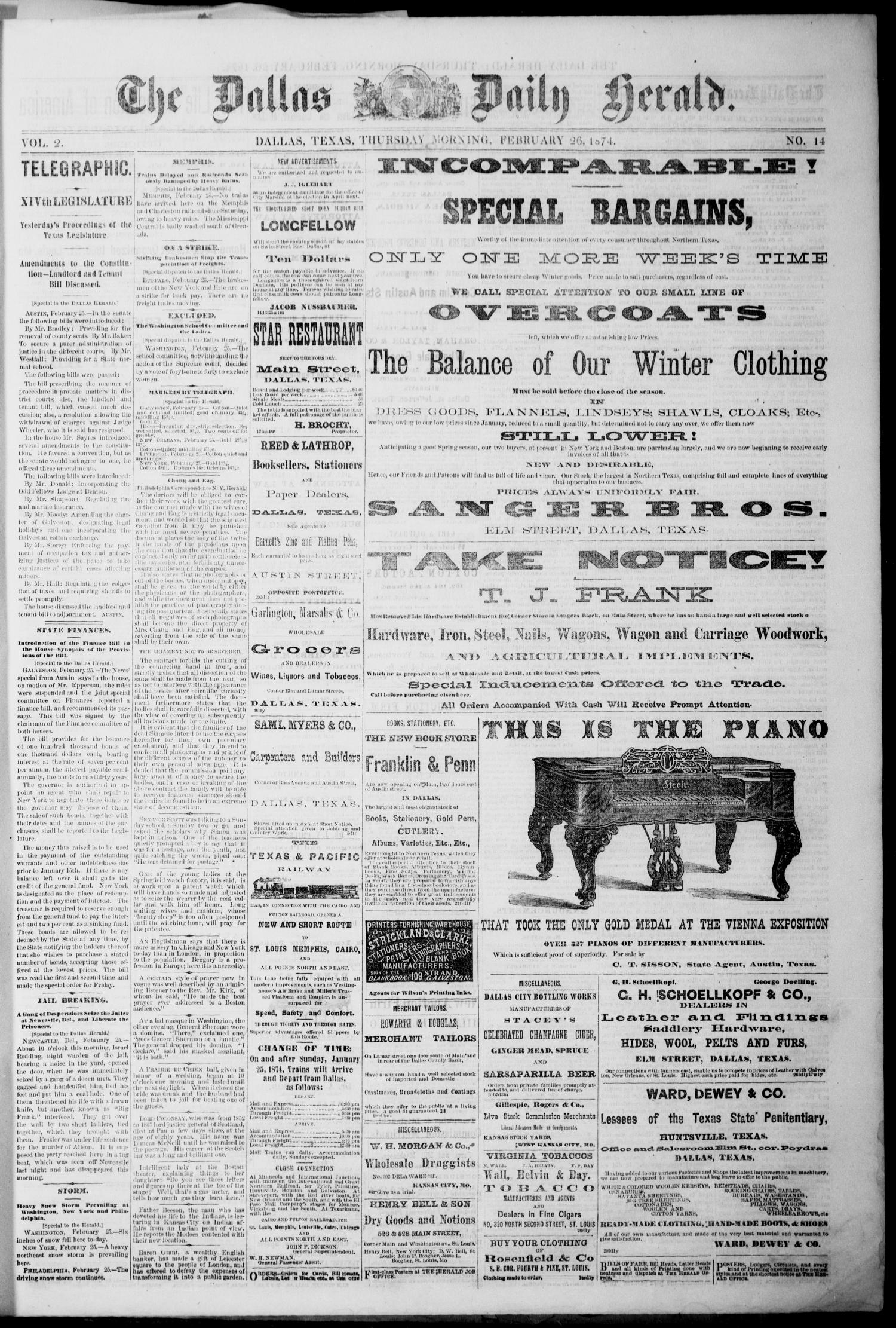 The Dallas Daily Herald. (Dallas, Tex.), Vol. 2, No. 14, Ed. 1 Thursday, February 26, 1874
                                                
                                                    [Sequence #]: 1 of 4
                                                