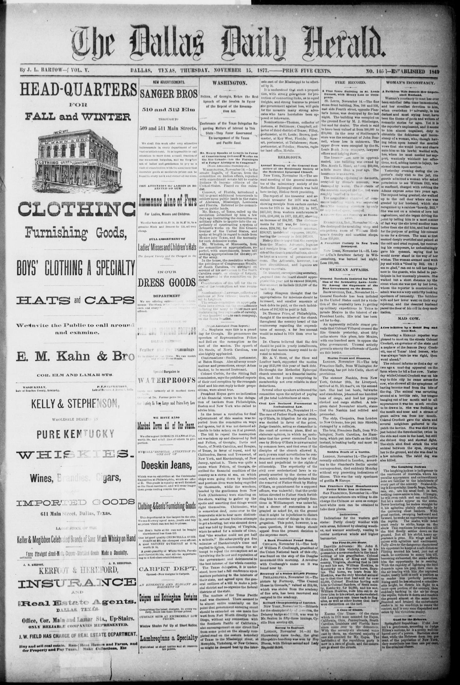The Dallas Daily Herald. (Dallas, Tex.), Vol. 5, No. 145, Ed. 1 Thursday, November 15, 1877
                                                
                                                    [Sequence #]: 1 of 4
                                                