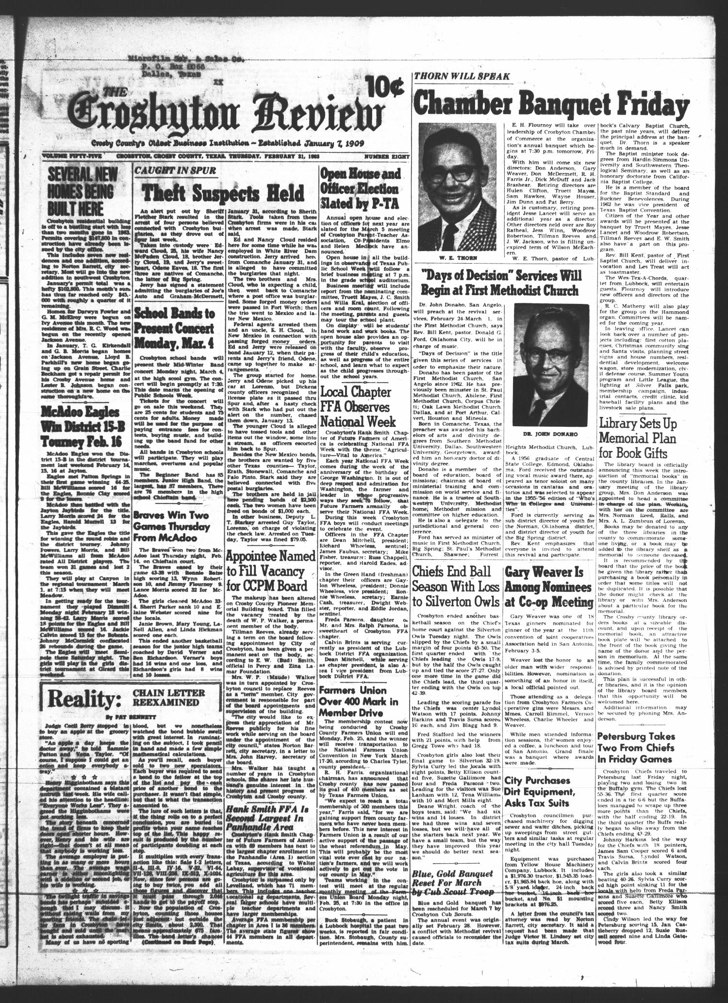The Crosbyton Review (Crosbyton, Tex.), Vol. 55, No. 8, Ed. 1 Thursday, February 21, 1963
                                                
                                                    [Sequence #]: 1 of 8
                                                