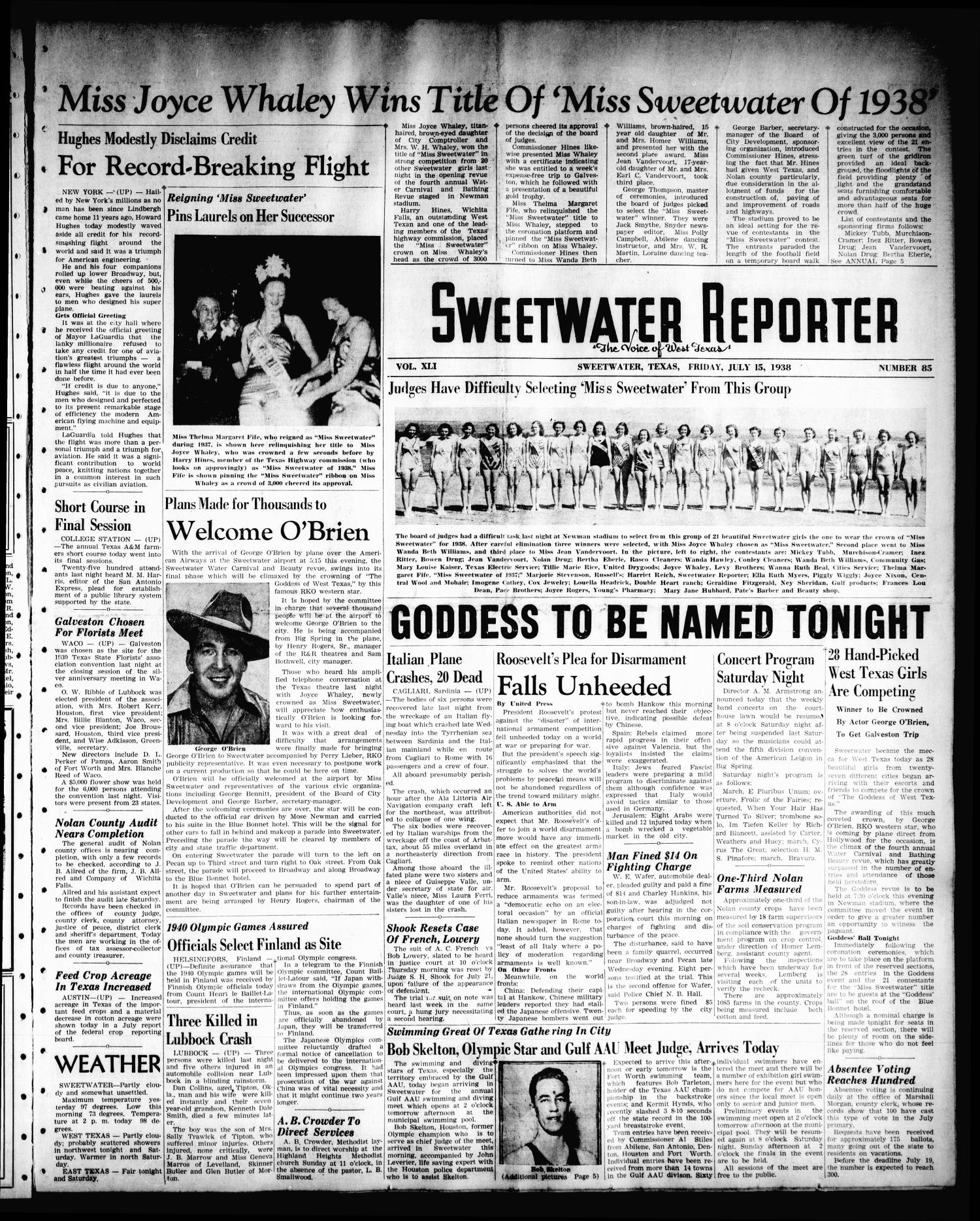 Sweetwater Reporter (Sweetwater, Tex.), Vol. 41, No. 88, Ed. 1 Friday, July 15, 1938
                                                
                                                    [Sequence #]: 1 of 8
                                                